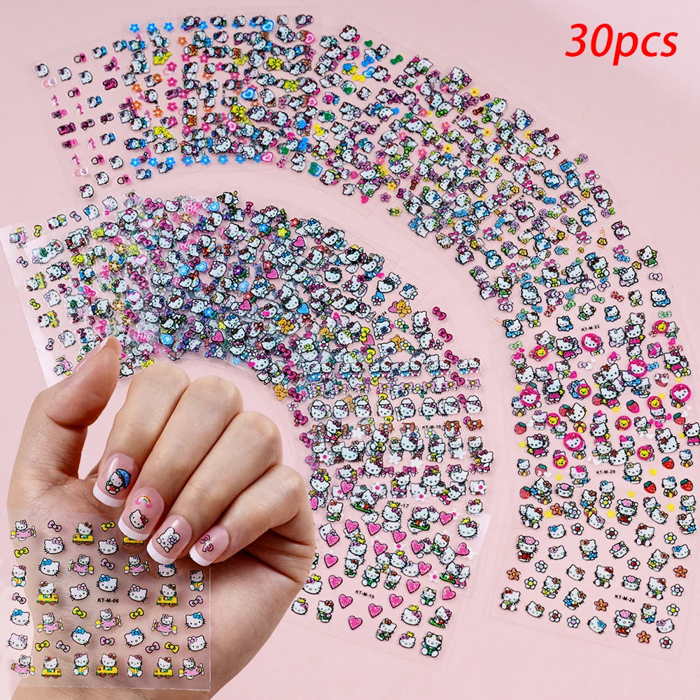 30Pcs Miniso Kawaii 3D Glitter Nail Stickers Hello Kitty Cartoon Design For Nail Decals Supplies KT Cat Stickers Press on Nails^