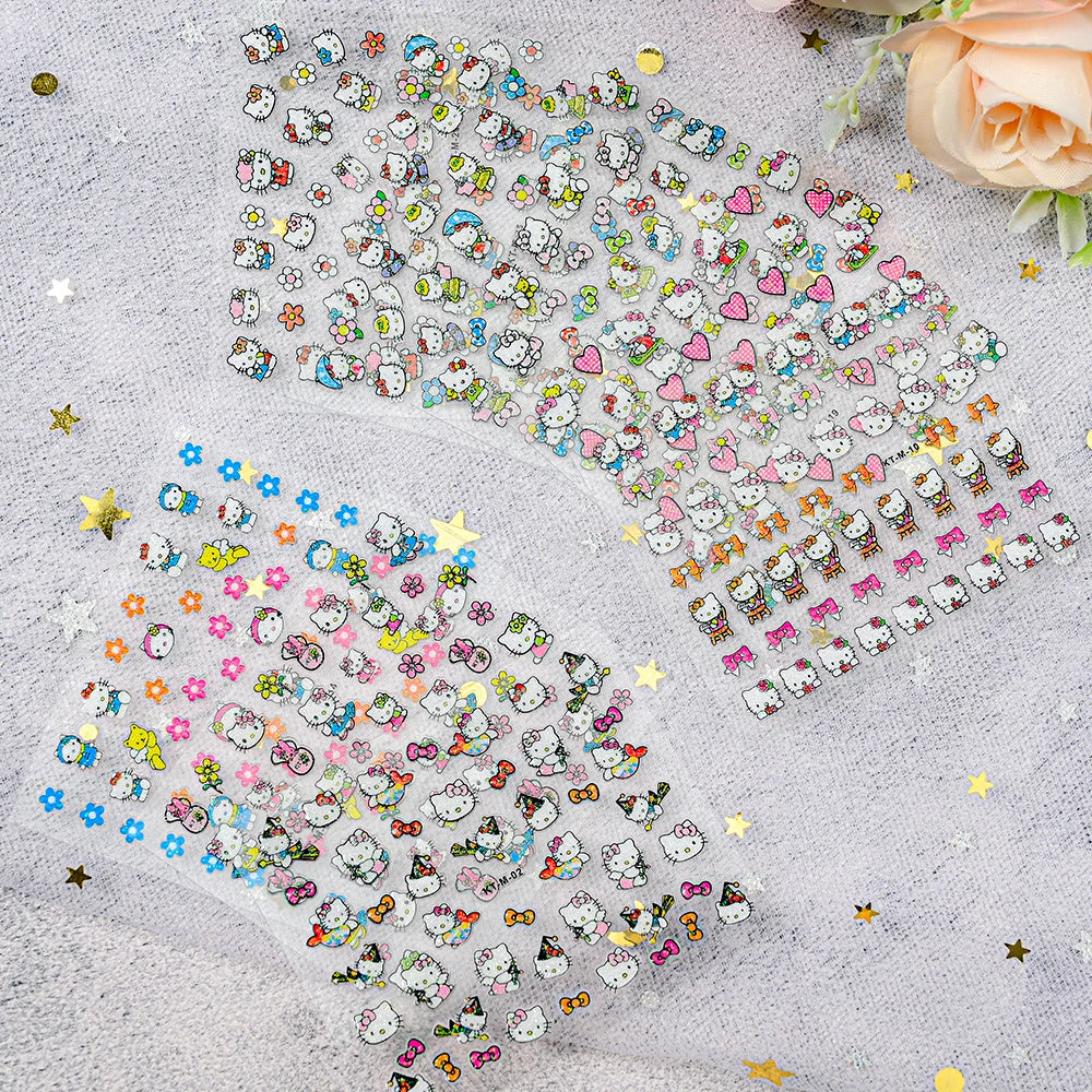 30Pcs Miniso Kawaii 3D Glitter Nail Stickers Hello Kitty Cartoon Design For Nail Decals Supplies KT Cat Stickers Press on Nails^