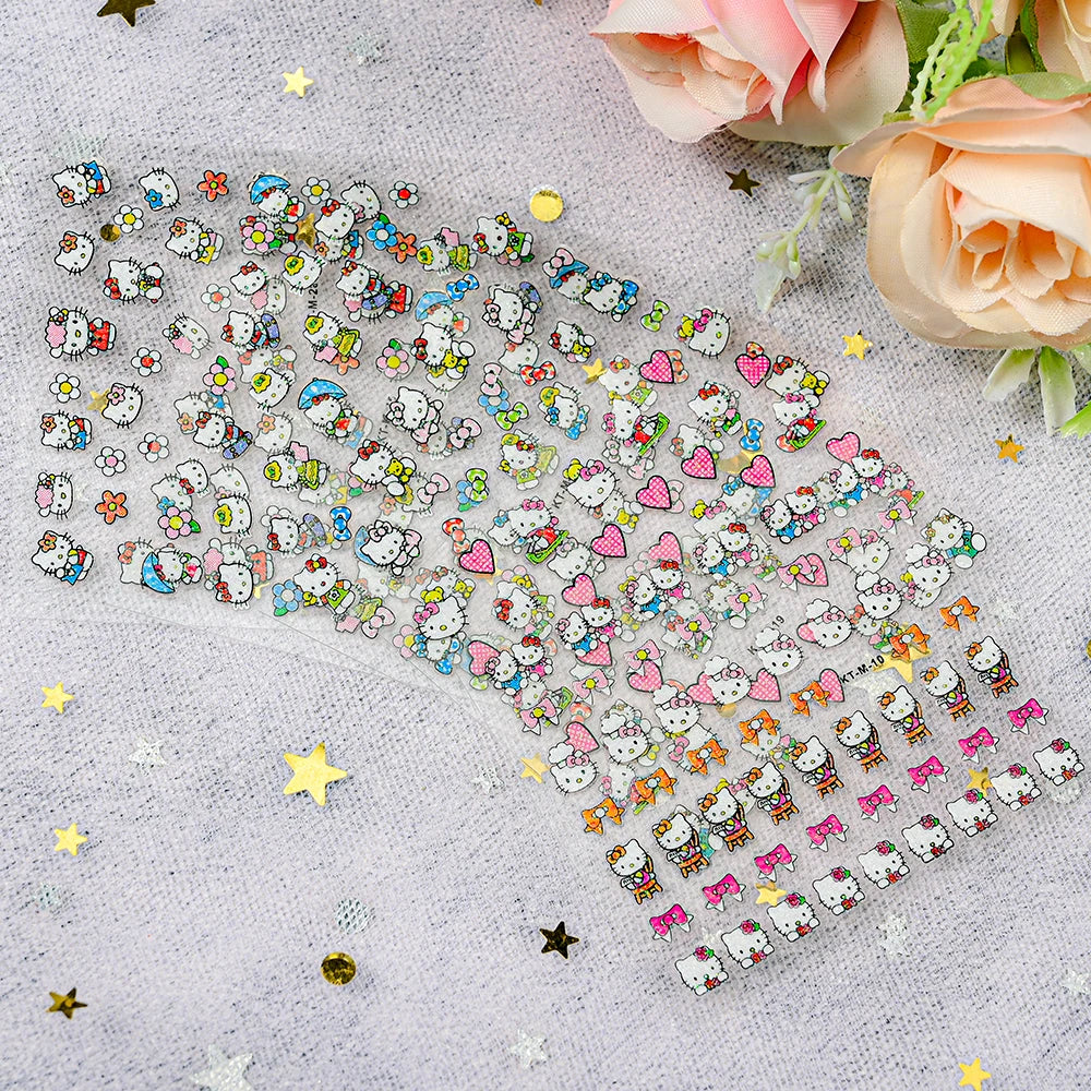 30Pcs Miniso Kawaii 3D Glitter Nail Stickers Hello Kitty Cartoon Design For Nail Decals Supplies KT Cat Stickers Press on Nails^
