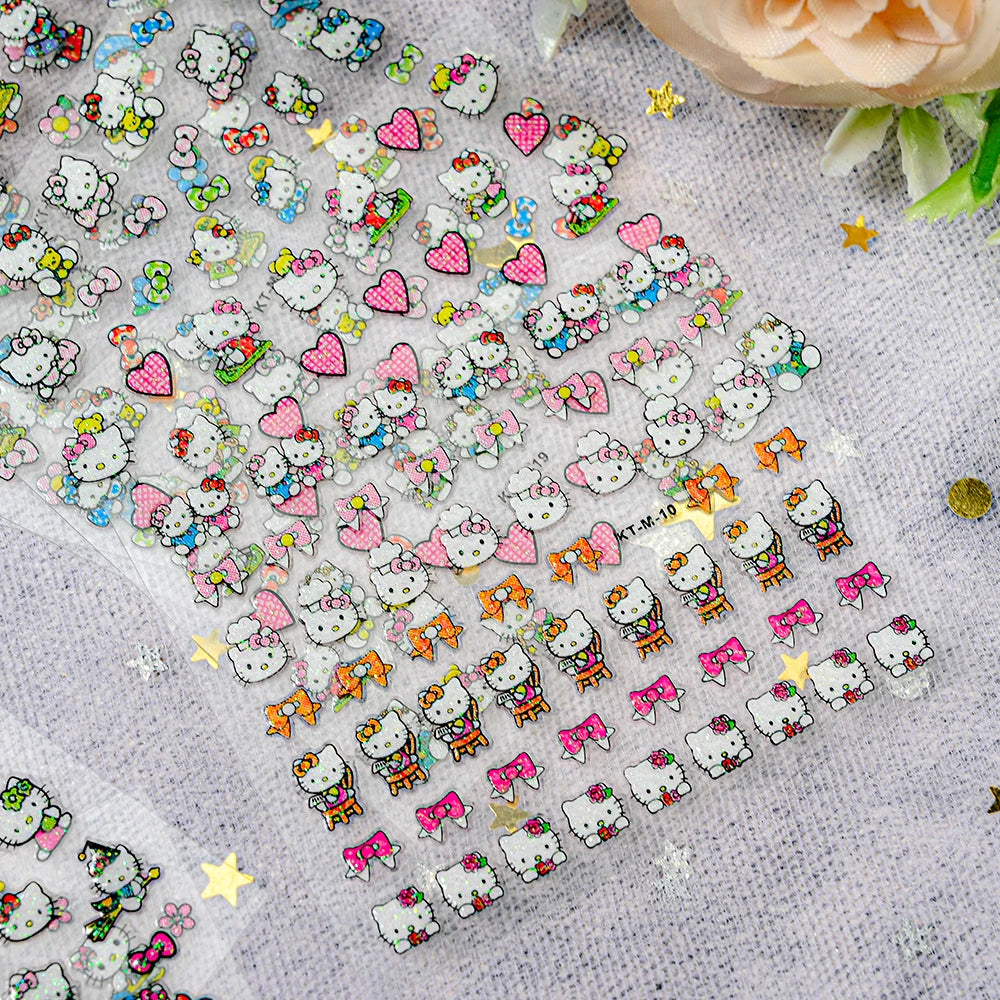30Pcs Miniso Kawaii 3D Glitter Nail Stickers Hello Kitty Cartoon Design For Nail Decals Supplies KT Cat Stickers Press on Nails^