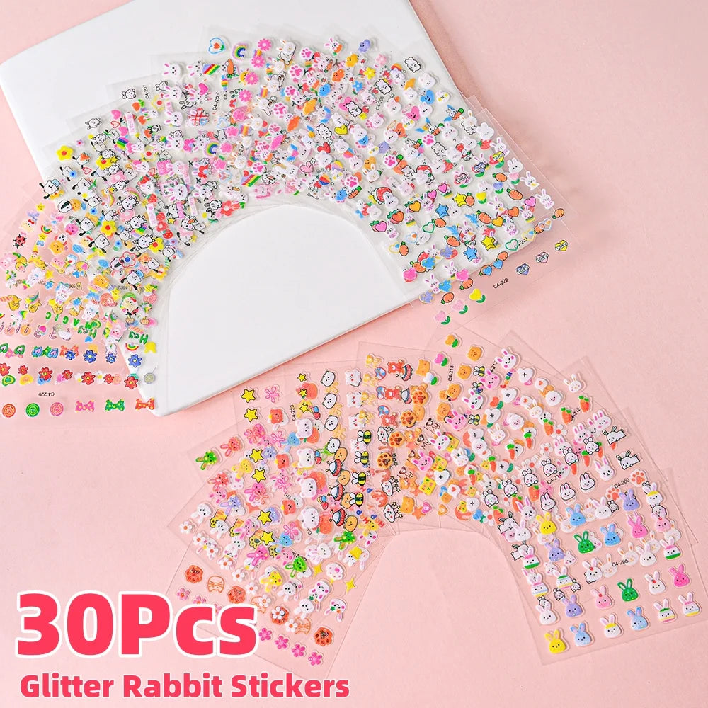 30Pcs Miniso Kawaii 3D Glitter Nail Stickers Hello Kitty Cartoon Design For Nail Decals Supplies KT Cat Stickers Press on Nails^