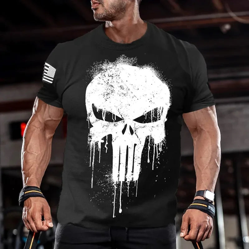 Men's Skull T shirt with American Flag Sleeve