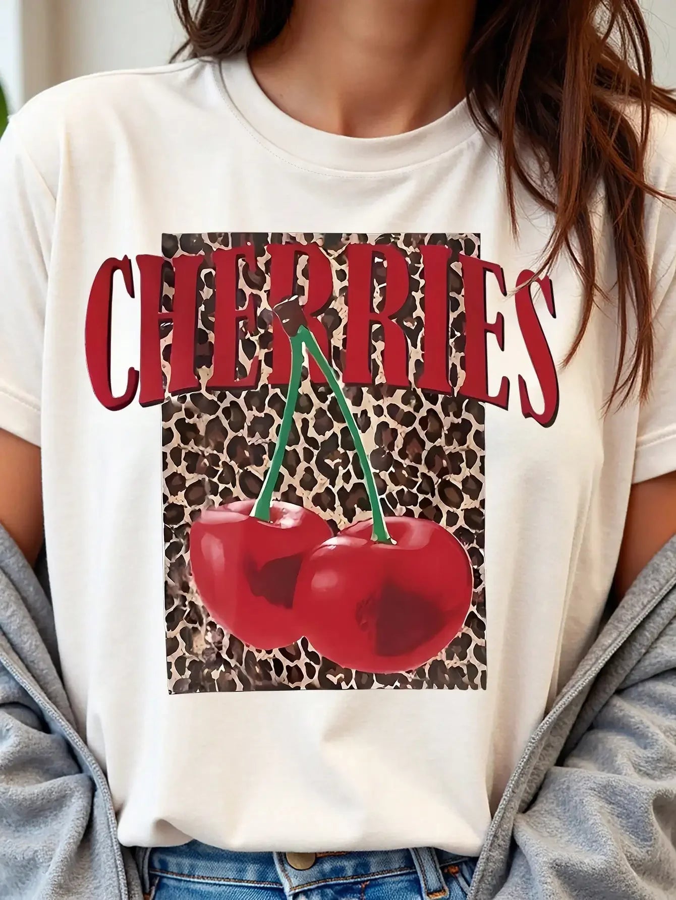 Retro Cherry Leopard Print Round Neck Tee