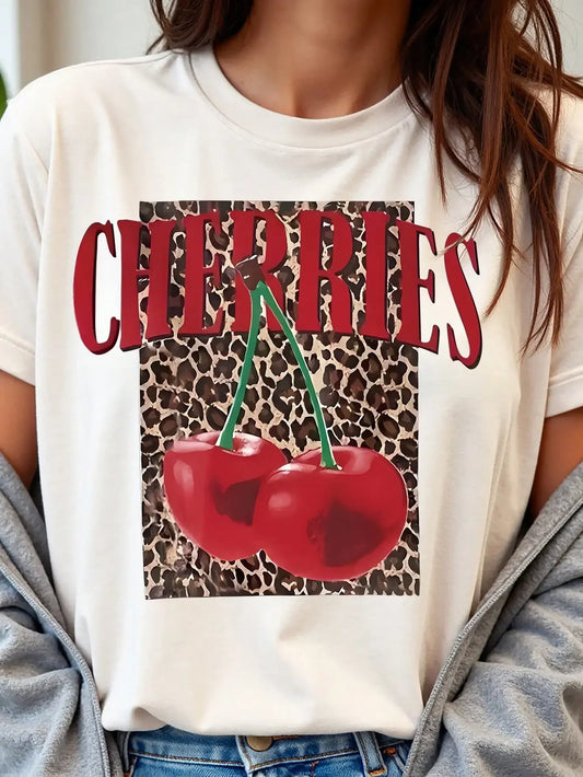 Retro Cherry Leopard Print Round Neck Tee