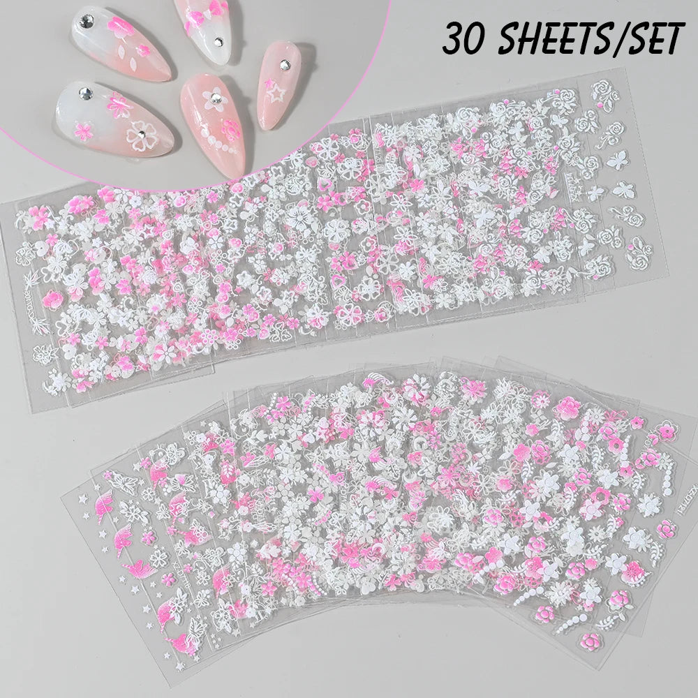 30Pcs Miniso Kawaii 3D Glitter Nail Stickers Hello Kitty Cartoon Design For Nail Decals Supplies KT Cat Stickers Press on Nails^