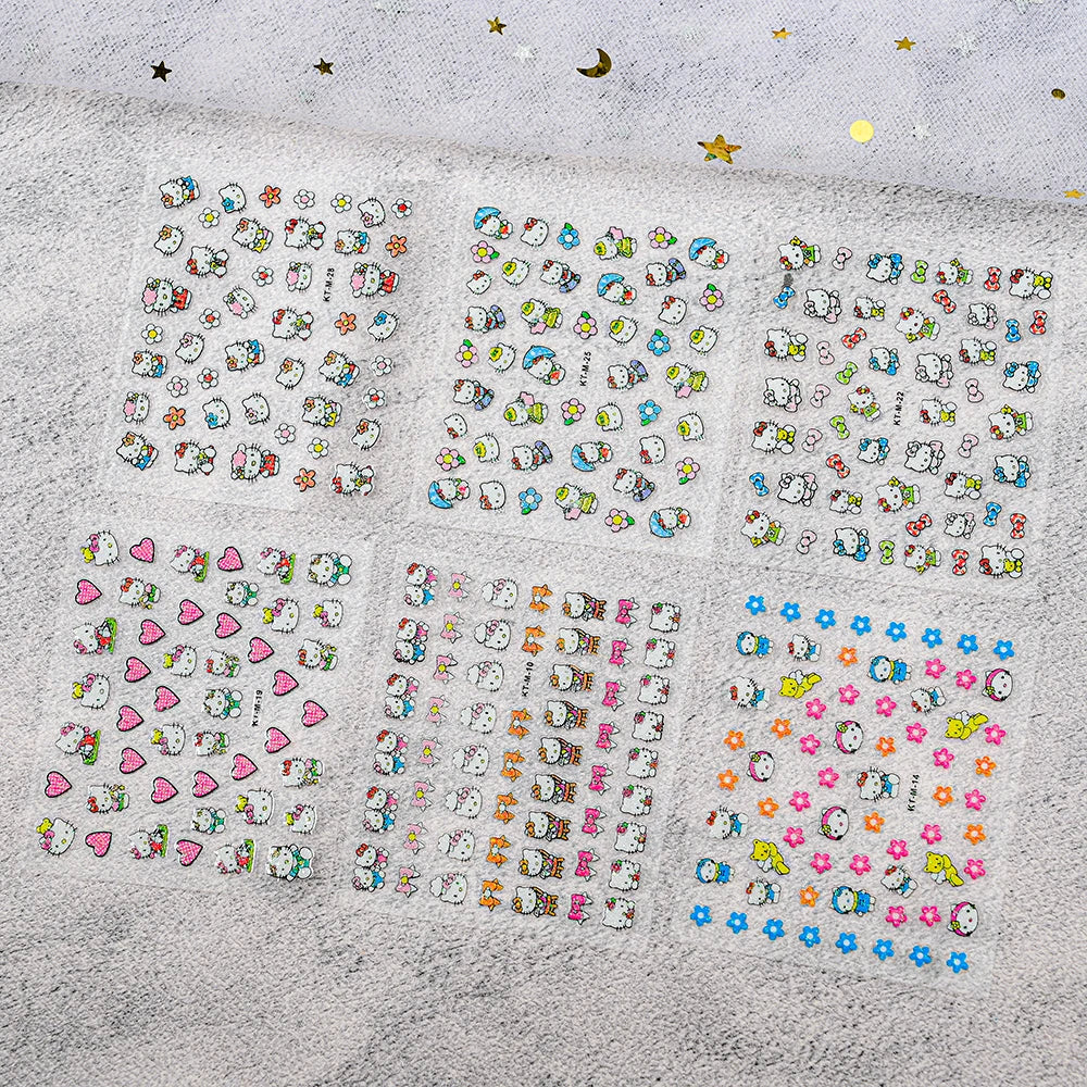 30Pcs Miniso Kawaii 3D Glitter Nail Stickers Hello Kitty Cartoon Design For Nail Decals Supplies KT Cat Stickers Press on Nails^