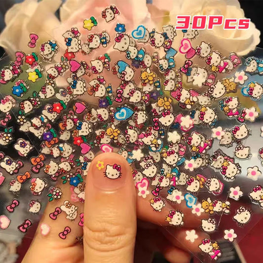30Pcs Miniso Kawaii 3D Glitter Nail Stickers Hello Kitty Cartoon Design For Nail Decals Supplies KT Cat Stickers Press on Nails^