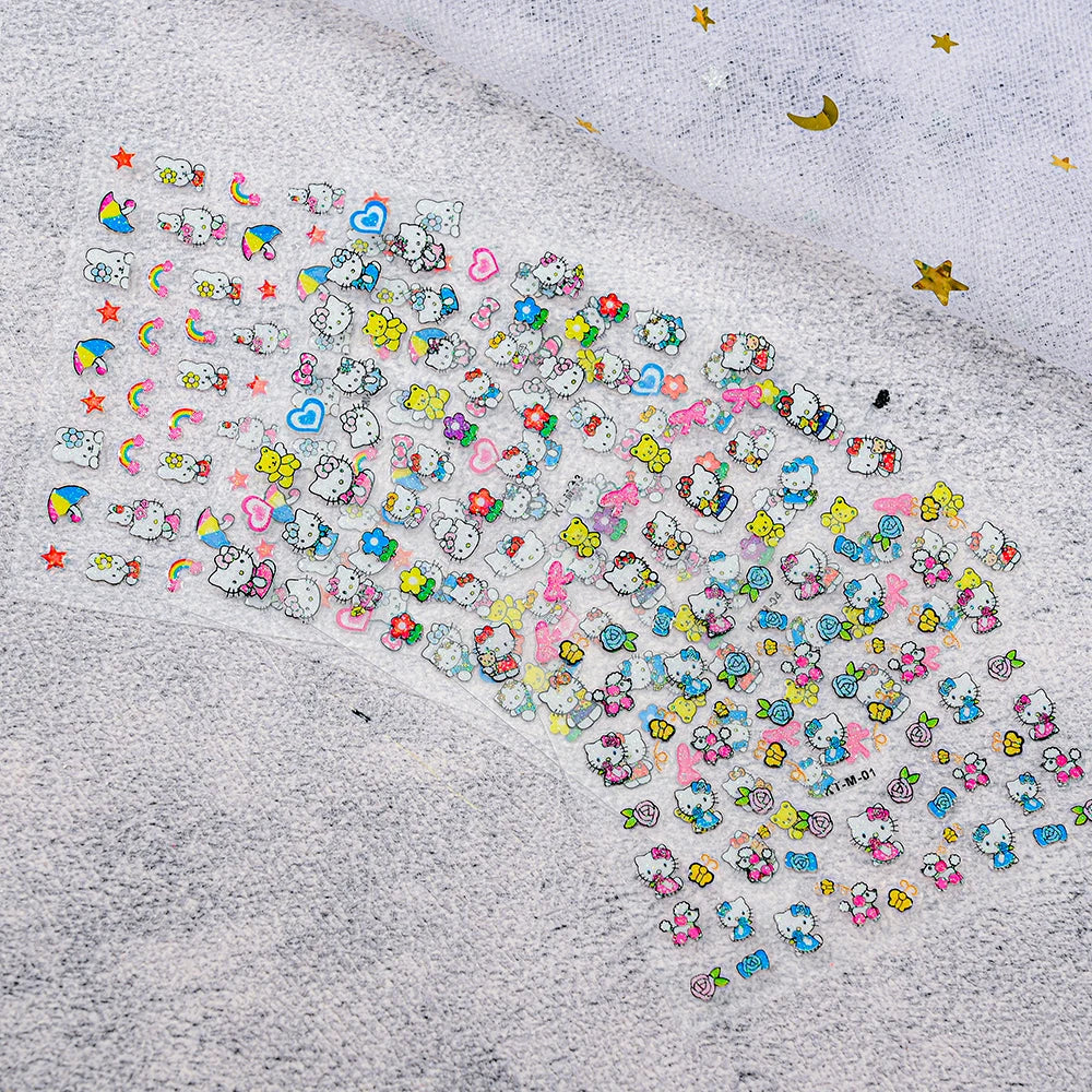30Pcs Miniso Kawaii 3D Glitter Nail Stickers Hello Kitty Cartoon Design For Nail Decals Supplies KT Cat Stickers Press on Nails^