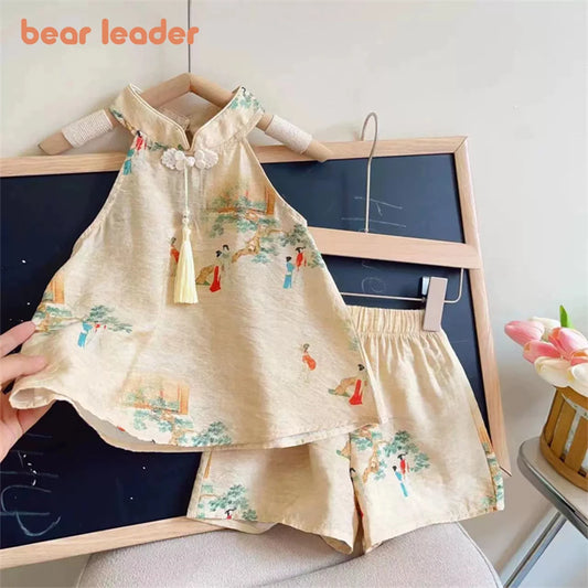 Girl's Floral Print Top + Shorts Two Piece Set